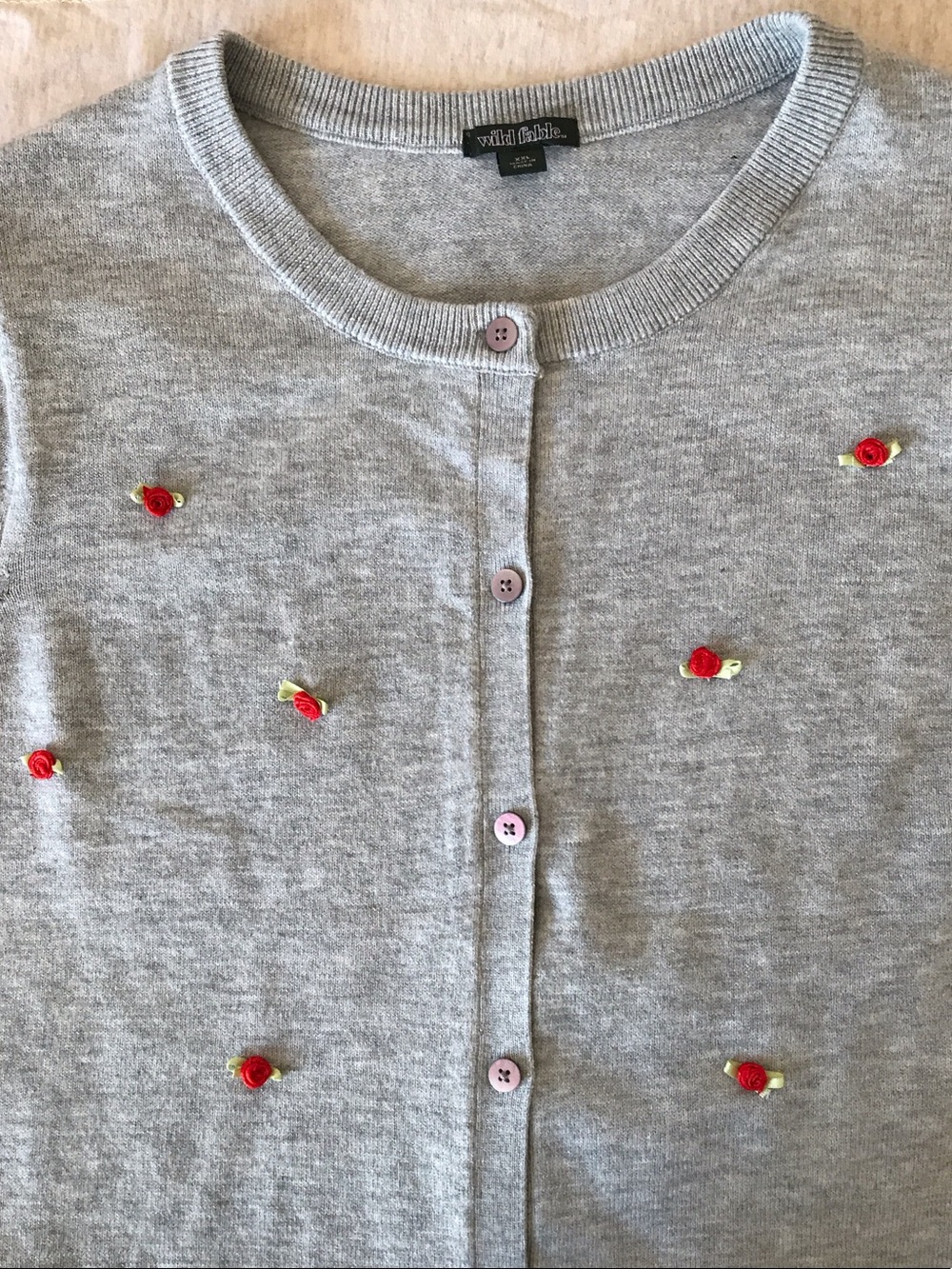 Wild Fable Heather Gray Floral Cardigan Ribbon Rosettes Lightweight
